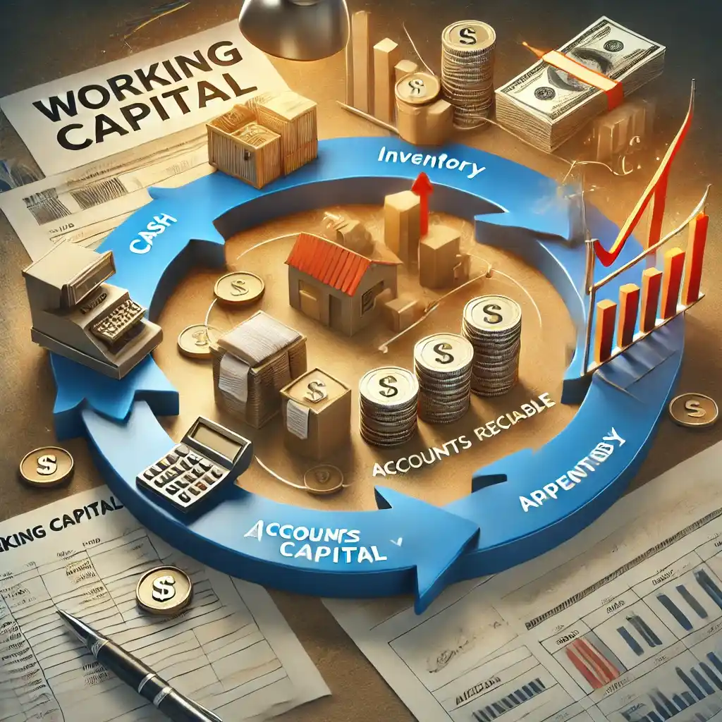 Ilustração de um ciclo de capital de giro com dinheiro, inventário, contas a pagar e a receber conectados por setas, simbolizando o fluxo contínuo de recursos em um negócio.