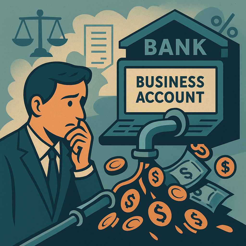 Ilustração de um empresário preocupado com a conta PJ sendo debitada automaticamente, com moedas e cédulas saindo de um sistema bancário, ao lado de ícones jurídicos e financeiros.