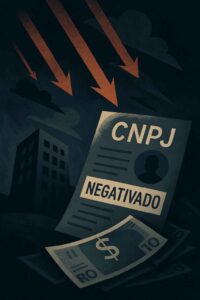 Representação visual surreal de um CNPJ negativado, com setas apontando para baixo, notas de dinheiro e prédio escuro ao fundo.