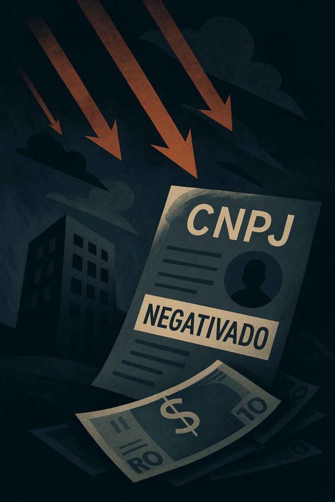 Representação visual surreal de um CNPJ negativado, com setas apontando para baixo, notas de dinheiro e prédio escuro ao fundo.