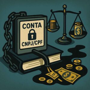 Monitor com símbolo de cadeado e rótulo “Conta CNPJ/CPF”, acorrentado sobre livro jurídico, com balança e moedas escorrendo por tubo, representando o impacto das dívidas empresariais.