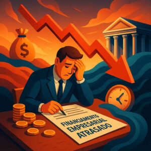 Ilustração surreal de homem preocupado assinando documento com a frase “Financiamento Empresarial Atrasado”, com seta vermelha em queda, moedas e relógio ao fundo.