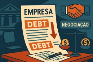 Ilustração de negociação de dívida empresarial com documento, balança de dinheiro e contrato sobre mesa.