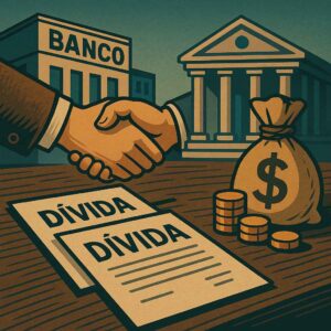 Ilustração retrô de documentos de dívida, moedas e prédios bancários, representando acordo com banco para quitar dívida empresarial, sem pessoas.