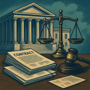 Ilustração de tribunal clássico com balança, martelo e pilha de documentos sobre mesa.