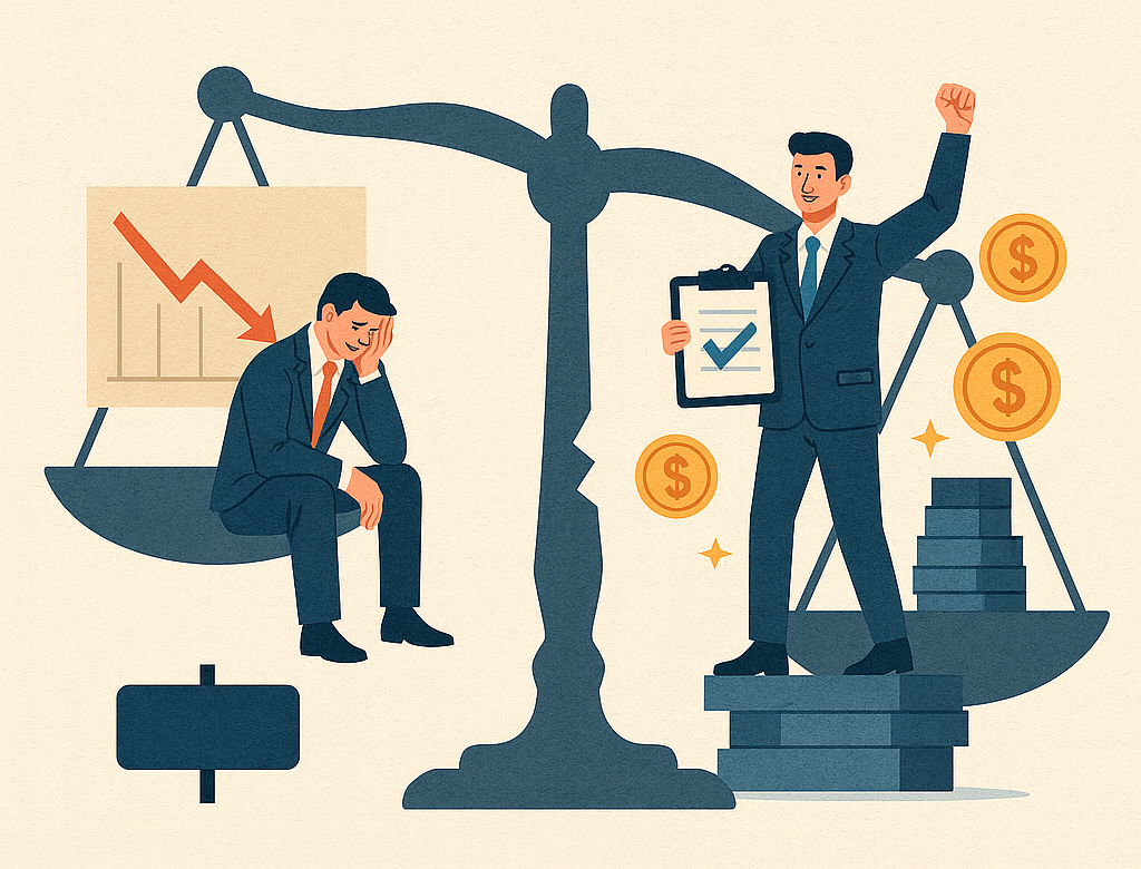 Ilustração minimalista de uma balança da justiça com contraste entre falência e recuperação judicial, usada em artigo jurídico.