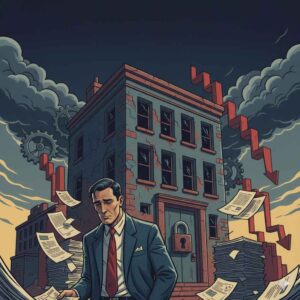 Ilustração de um empresário triste em frente a um prédio antigo e sujo, com setas vermelhas de queda e papéis voando. Símbolo visual de crise financeira e falência empresarial
