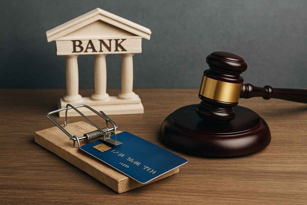 Cartão bancário preso em uma armadilha, miniatura de agência bancária e martelo de juiz, simbolizando responsabilidade do banco em casos de golpe.