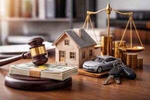 Martelo do juiz sobre dinheiro, casa e carro em miniatura ao lado de balança da justiça, representando penhora de bens por dívidas bancárias.