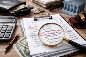 Imagem ilustrando cobrança indevida em conta bancária, com lupa destacando taxas não autorizadas em extrato financeiro e documentos bancários.