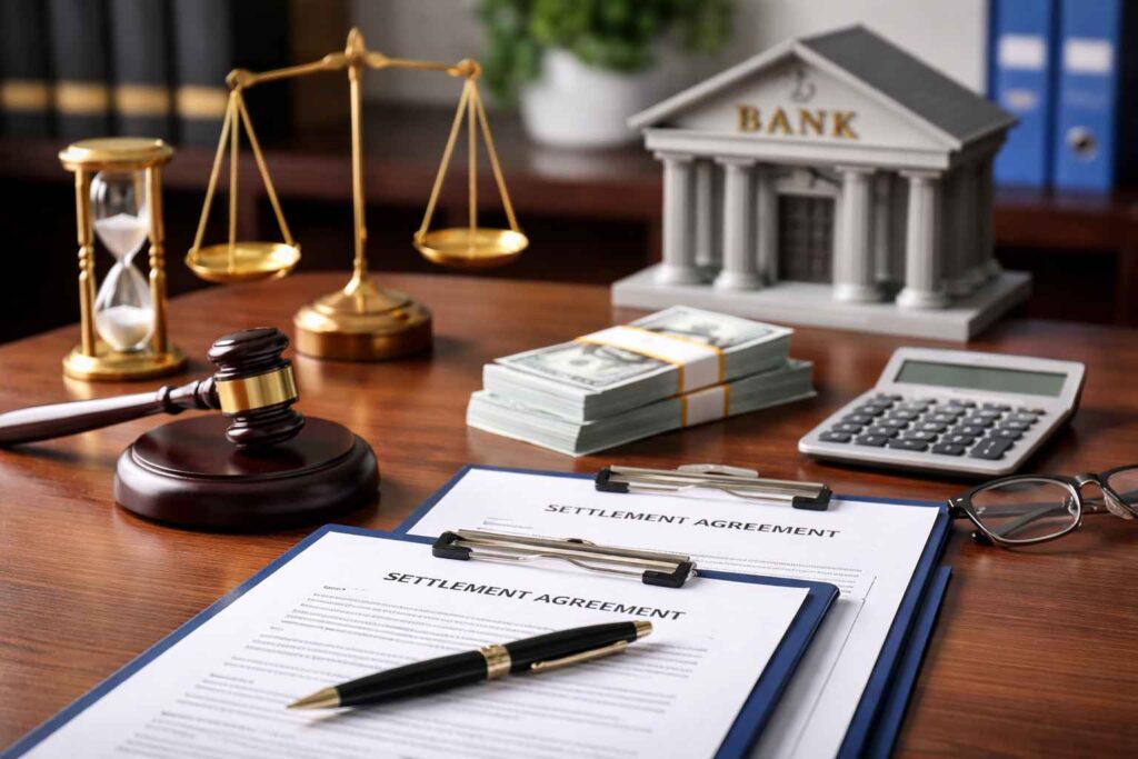 Imagem representando acordo extrajudicial com bancos, com documentos de negociação, dinheiro, balança da justiça e miniatura de banco.
