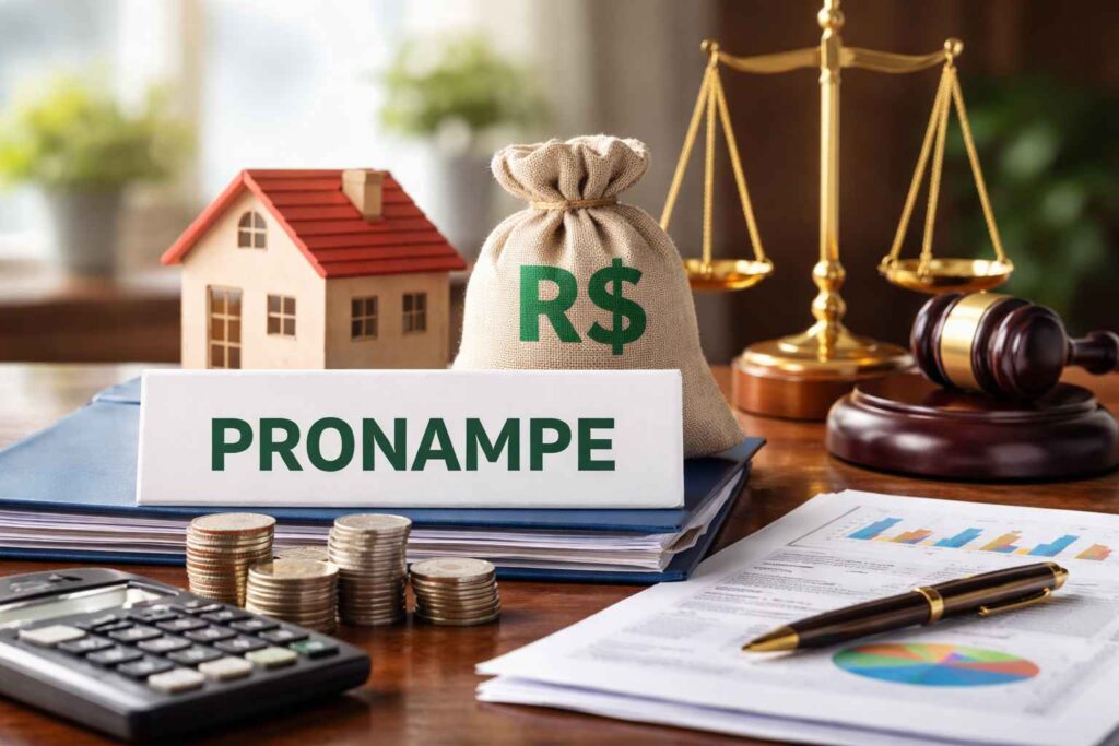 Documento com a palavra Pronampe, dinheiro e balança jurídica, representando refinanciamento de crédito empresarial.