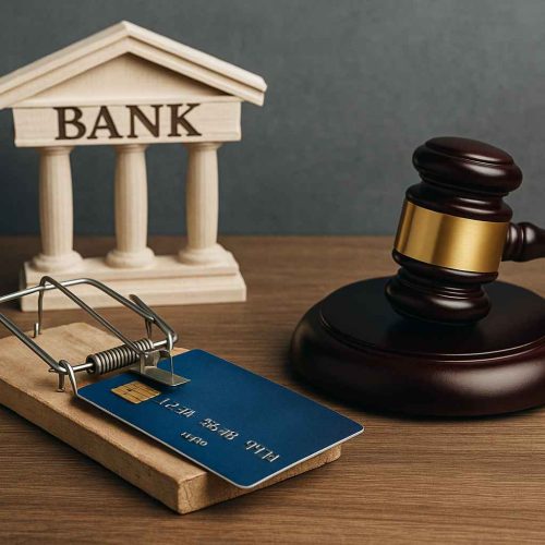 Cartão bancário preso em uma armadilha, miniatura de agência bancária e martelo de juiz, simbolizando responsabilidade do banco em casos de golpe.