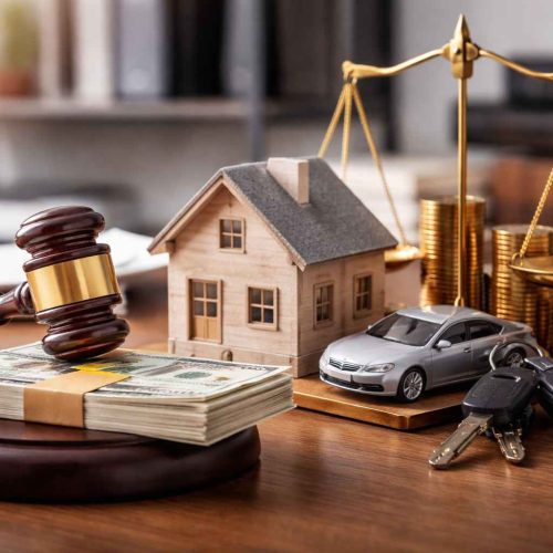 Martelo do juiz sobre dinheiro, casa e carro em miniatura ao lado de balança da justiça, representando penhora de bens por dívidas bancárias.
