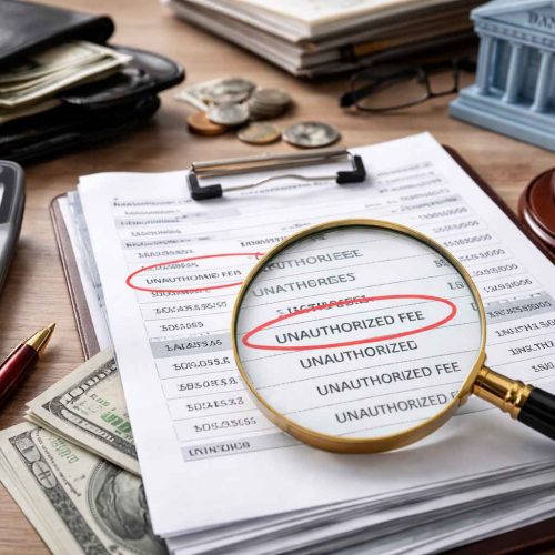 Imagem ilustrando cobrança indevida em conta bancária, com lupa destacando taxas não autorizadas em extrato financeiro e documentos bancários.