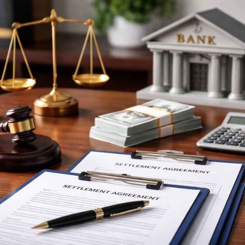 Imagem representando acordo extrajudicial com bancos, com documentos de negociação, dinheiro, balança da justiça e miniatura de banco.