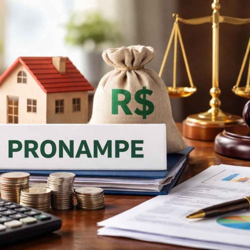 Documento com a palavra Pronampe, dinheiro e balança jurídica, representando refinanciamento de crédito empresarial.