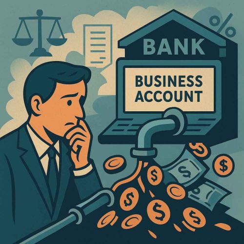 Descontos Automáticos em Conta PJ: Riscos para o Caixa da Empresa Ilustração de um empresário preocupado com a conta PJ sendo debitada automaticamente, com moedas e cédulas saindo de um sistema bancário, ao lado de ícones jurídicos e financeiros.