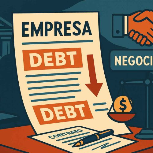 Ilustração de negociação de dívida empresarial com documento, balança de dinheiro e contrato sobre mesa.