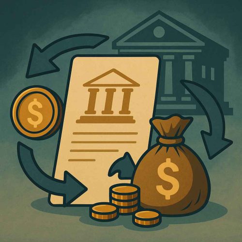 Contrato de empréstimo com moedas, pilhas de dinheiro e fachada de banco ao fundo, simbolizando renegociação sem presença de pessoas.