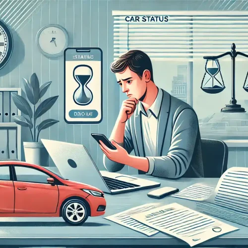 Pessoa verificando o status do carro em busca e apreensão em um laptop e smartphone, com um carro estacionado ao fundo e documentos legais espalhados em uma mesa. A cena se passa em um escritório doméstico moderno com elementos como uma estante de livros, uma planta e uma janela mostrando um dia ensolarado.